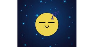 A graphic featuring with a dark blue background with small yellow stars, with a round yellow face with closed eyes and the letters Zzzz, indicating sleep.