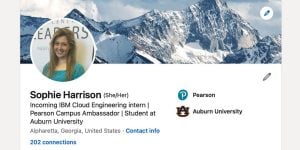 A screengrab of blog author Sophie Harrison’s LinkedIn profile featuring her profile picture, background photo of mountains, and her school details.