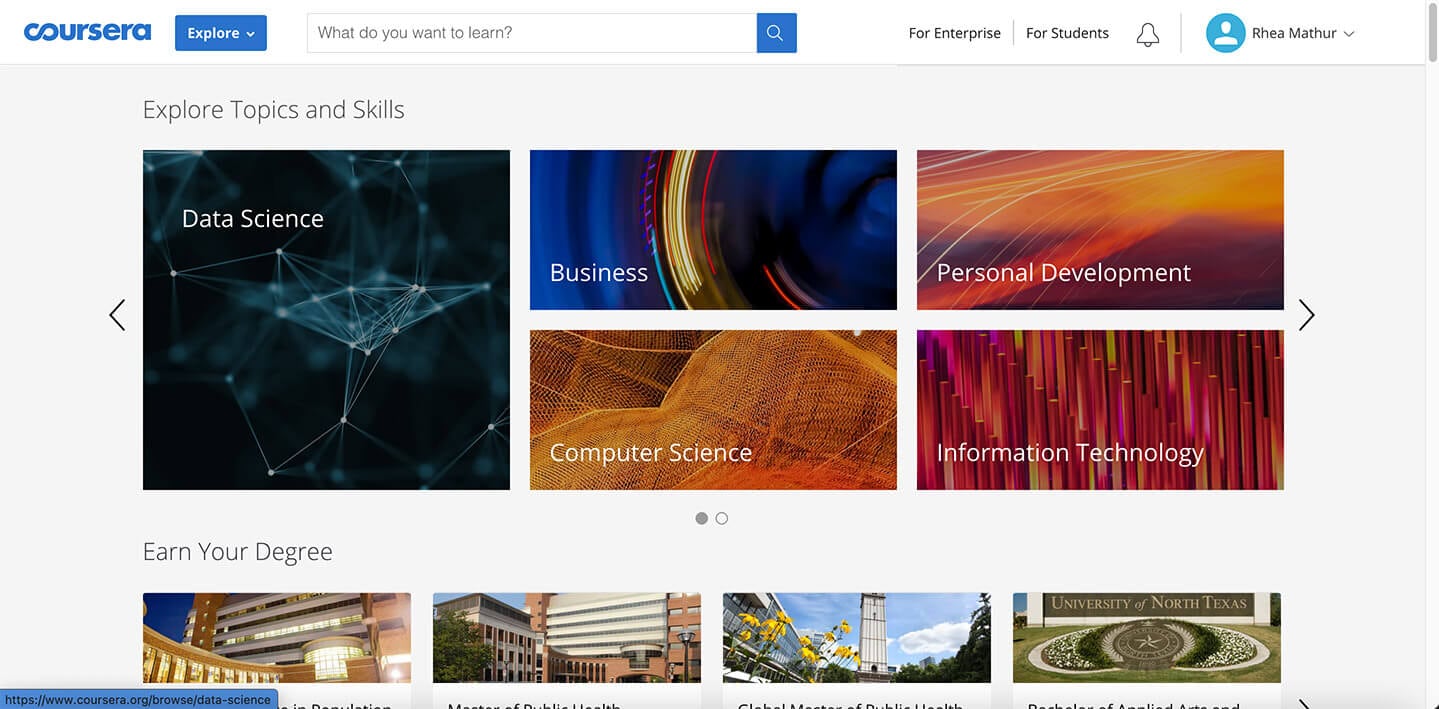 A screenshot of colorful tiles listing the five categories Coursera offers for digital badging, including Data Science, Business, Personal Development, Computer Science, and Information Technology