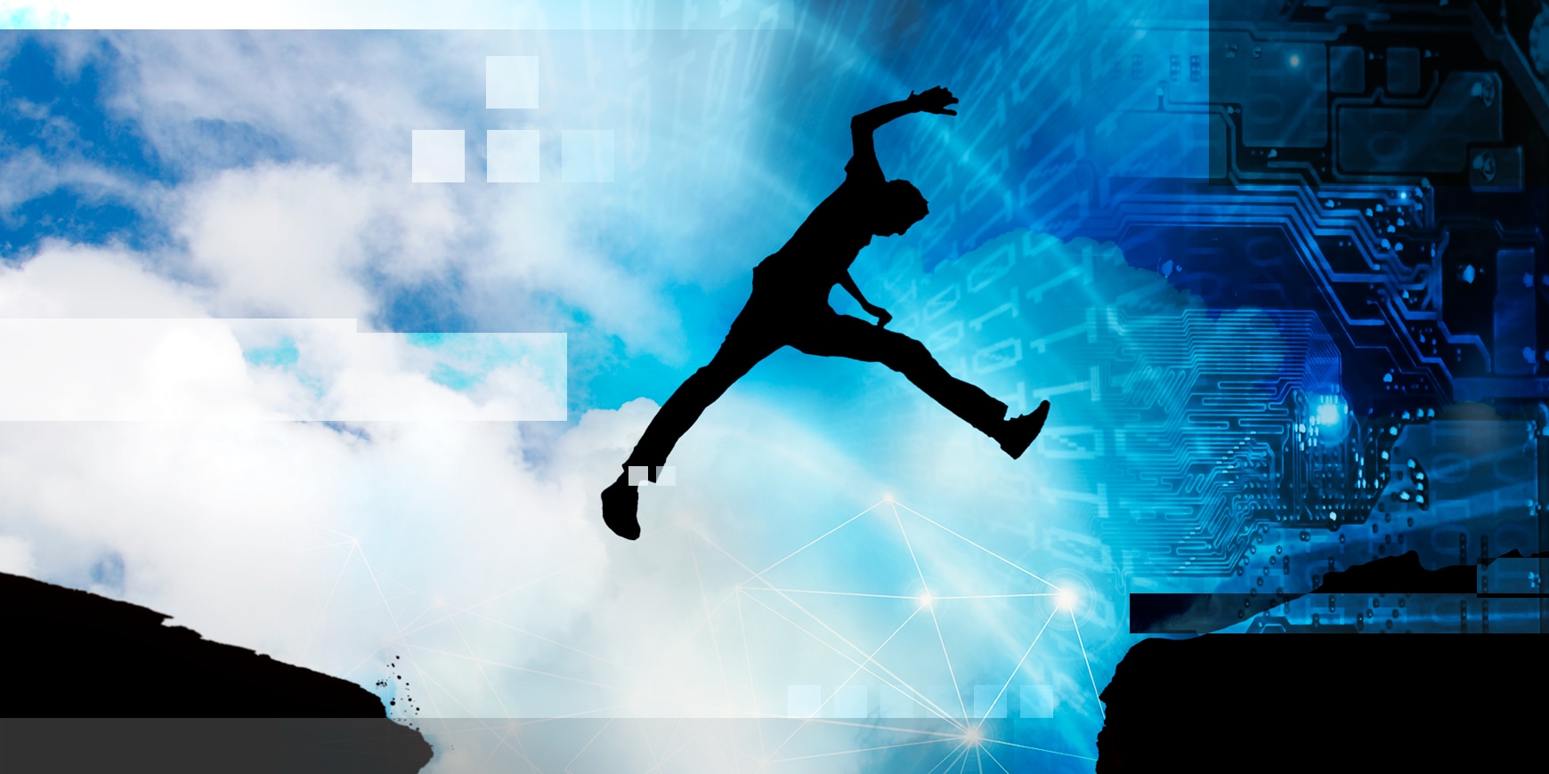 Person jumping over a gap, digital effect