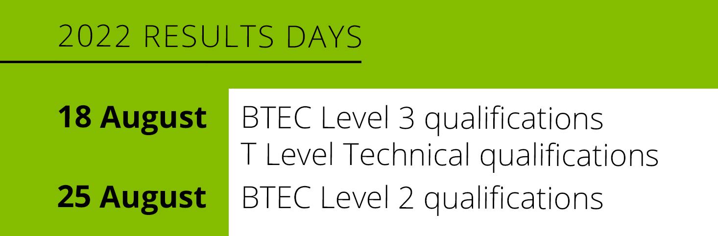 18 August: BTEC Level 3 and T Level Qualifcations | 25 August: BTEC Level 2 qualifications