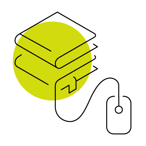 Lime Green pictogram of stack of books with a mouse