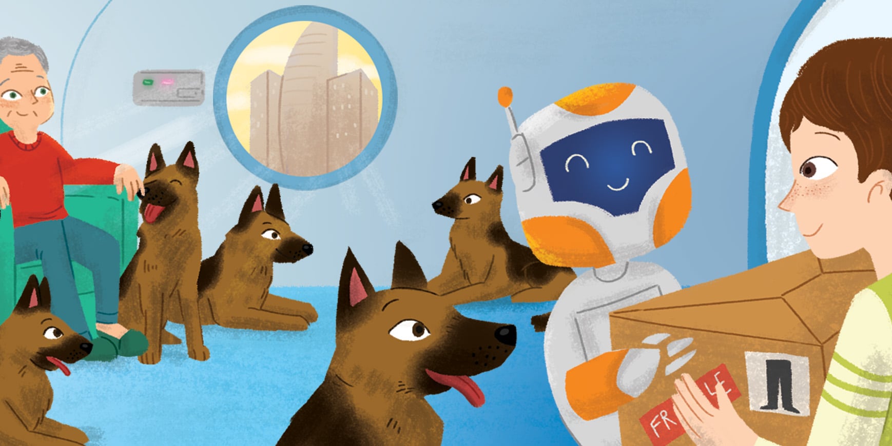 Illustrated image of a man sat with lots of German Shepherds