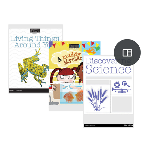Picture of three Discovering Science books including a fiction, non-fictionand teacher book.