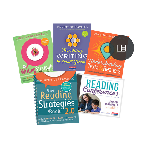An image showing five professional books from Jennifer Serravallo with and icon indicating they are available in print format. 