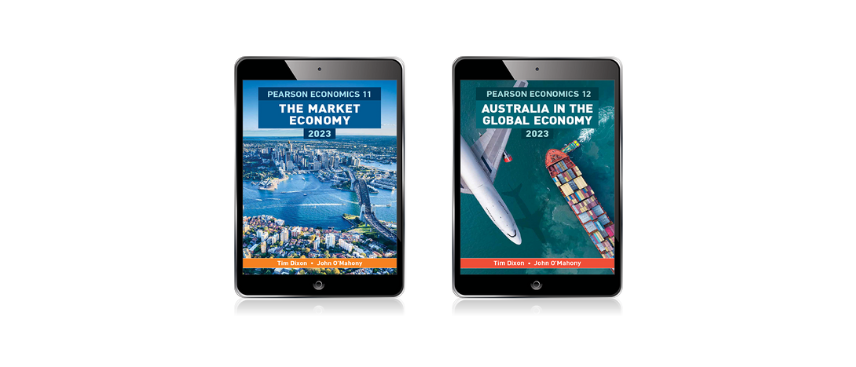 Image of Pearson Senior Economics Student ebook covers each shown on an Ipad screen.