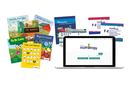Image showing a range of Mathology resources including six little books, the Mathology TEACH digital homepage on a laptop and support resources.
