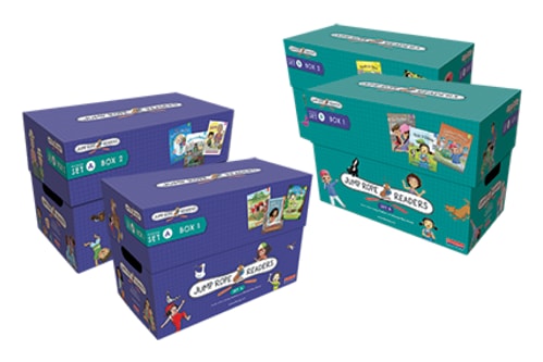 Image of four boxes, two purple fiction boxes and two green non-fiction boxes.