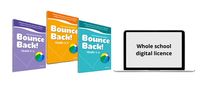Image of the Bounce Back books with a laptop showing the Whole school digital licence