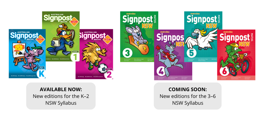 Image of colourful book covers for Australian Signpost Maths NSW Years K to 6, each with a different animated animal character on the front and text stating that new books for year K to 2 are available now and new books for years 3 to 6 are coming soon.