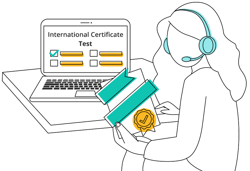 International Certificate girl at laptop illustration