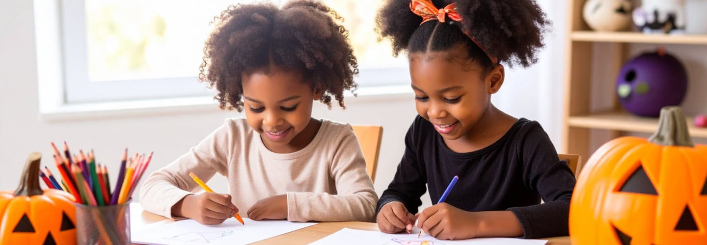 Two children sit at a table drawing, surrounded by colorful pencils and Halloween decorations including pumpkin lanterns.
