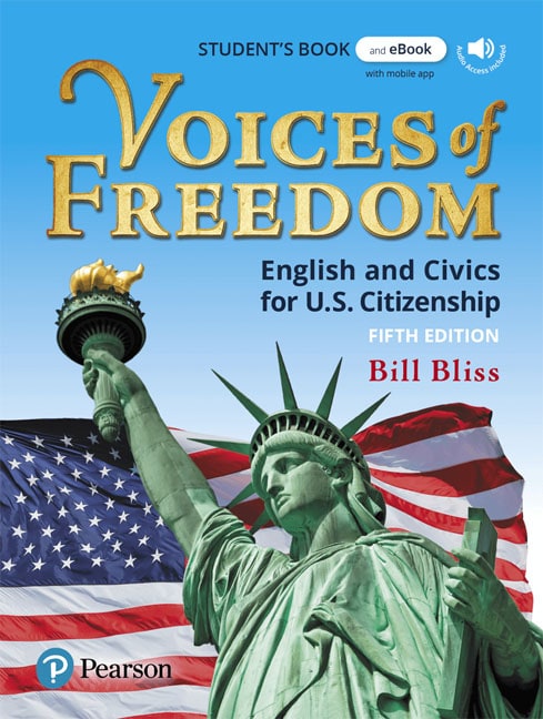 Cover  of the book 'Voices of Freedom English and Civics for US citizenship' with a picture of the statue of liberty and a american flag. 