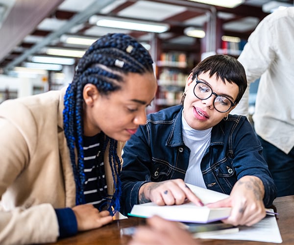 Two women work together on book