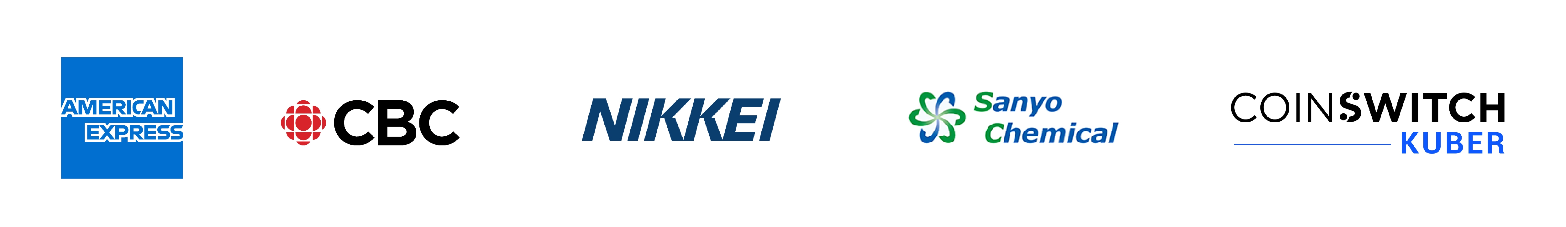 Customer logos: Amex, CBC, Nikkei, Sanyo Chemical, Coinswitch Kuber 