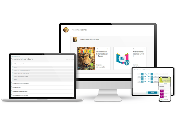 A monitor, a laptop, phone and tablet showing course content