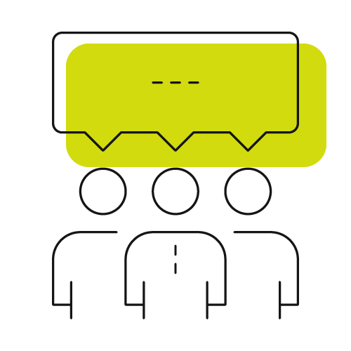 lime green pictogram of three figures with a speech bubble