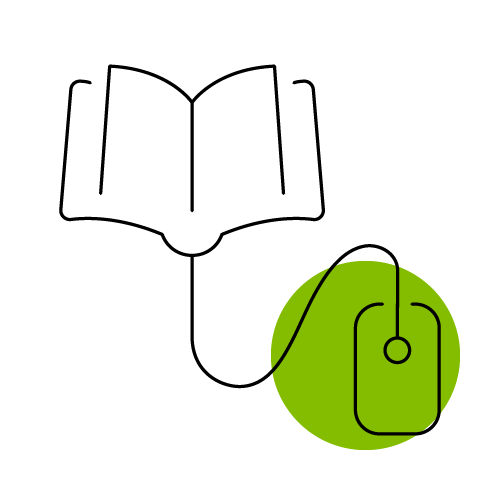 Pictograph of a book leading into a computer mouse