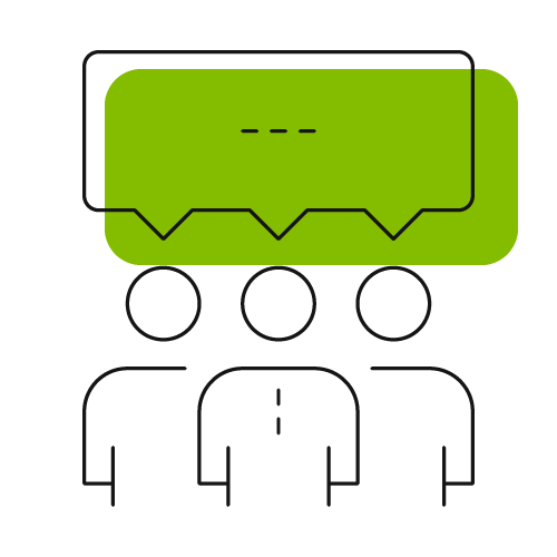 pictogram of three figures with speech bubble in fresh green
