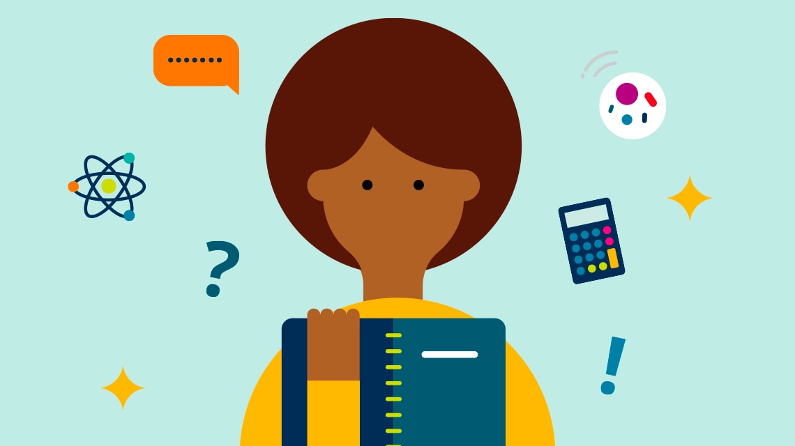 Supporting every learning journey illustration showing a young student holding a notepad and surrounded by multi-coloured icons relating to maths, English, science and the arts