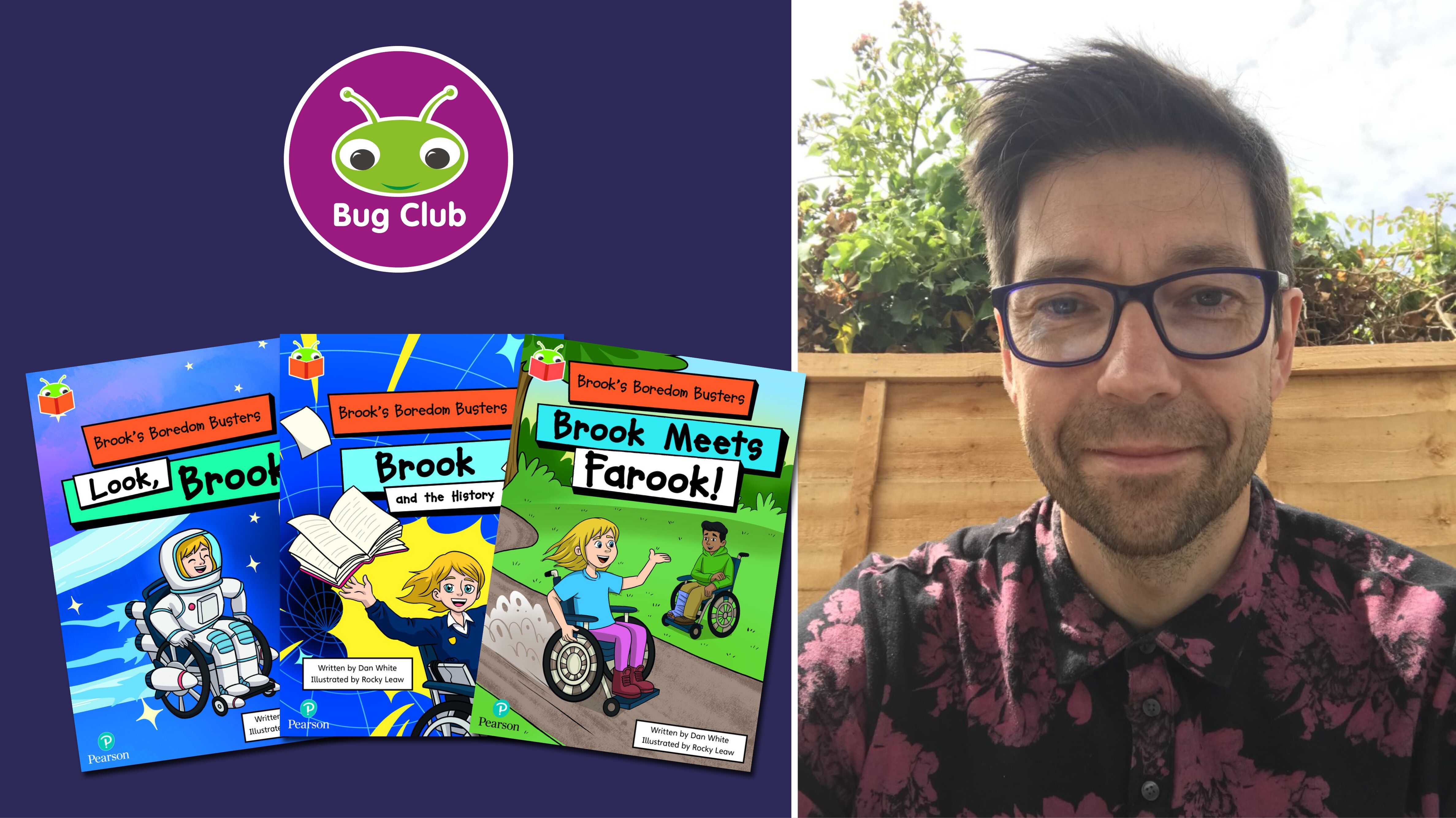 A picture of Dan alongside the Bug Club logo and the Bug Club books he wrote
