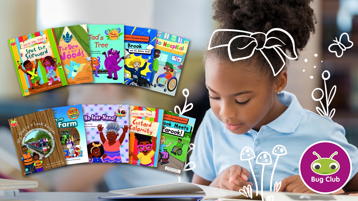 Bug Club books covers placed on top of a girl reading. The image is overlaid with illustrations of the outdoors.