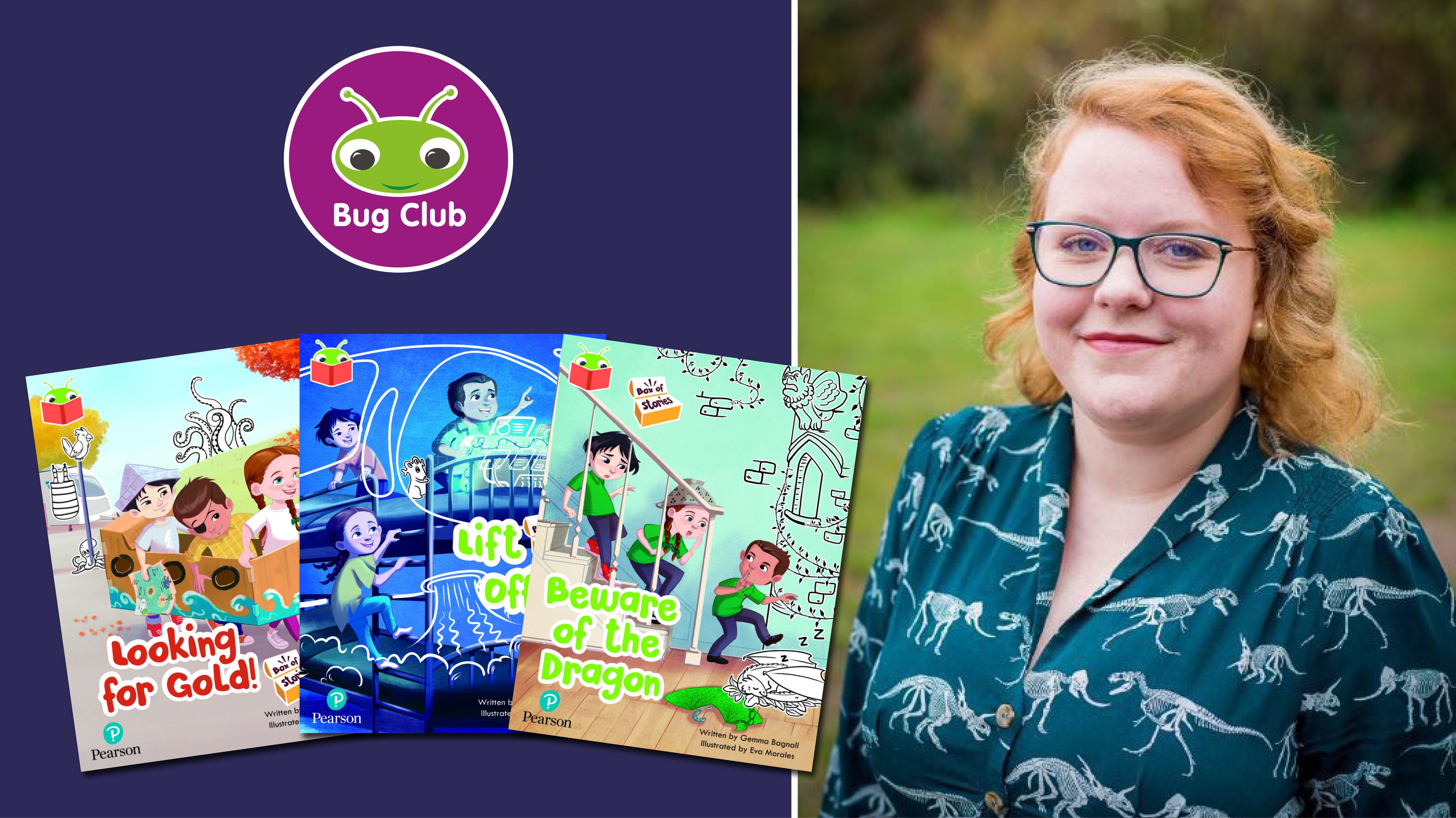Picture of Gemma alongside the Bug Club logo and the Bug Club books she wrote