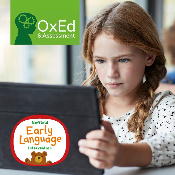 Image of a young girl using a tablet with OxEd and Assessment and NELI logos overlaid.