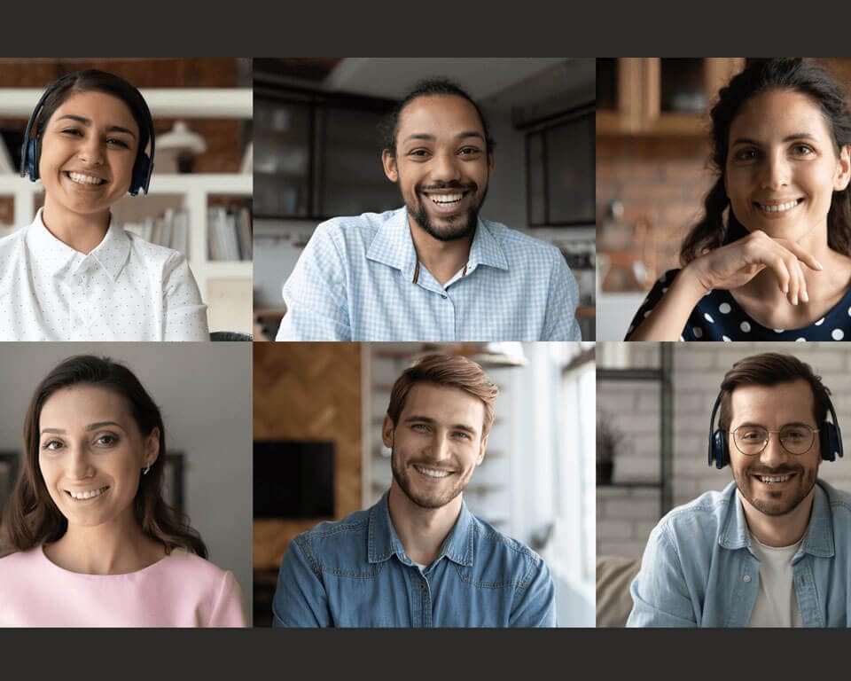 An image from a video conferencing call showing six panels of participants