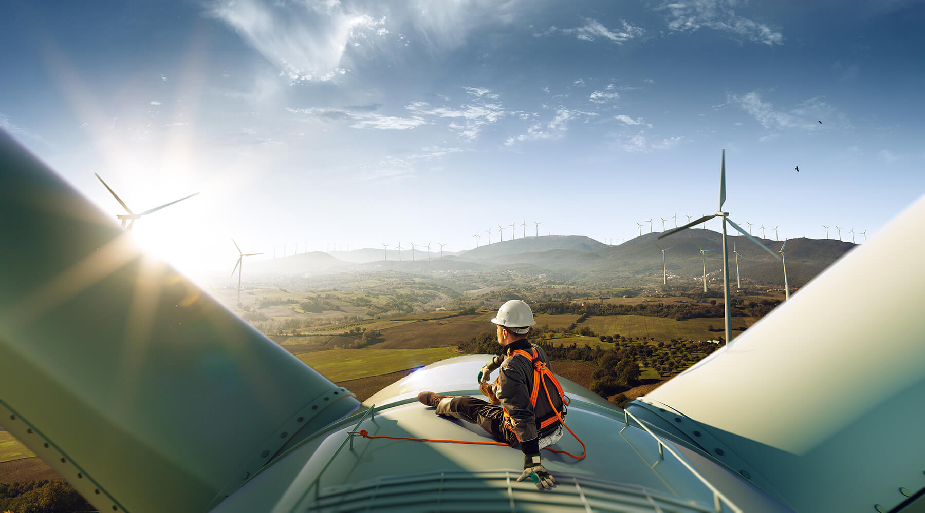 Worker looking over a wind farm that converts the wind's kinetic energy into electrical energy
