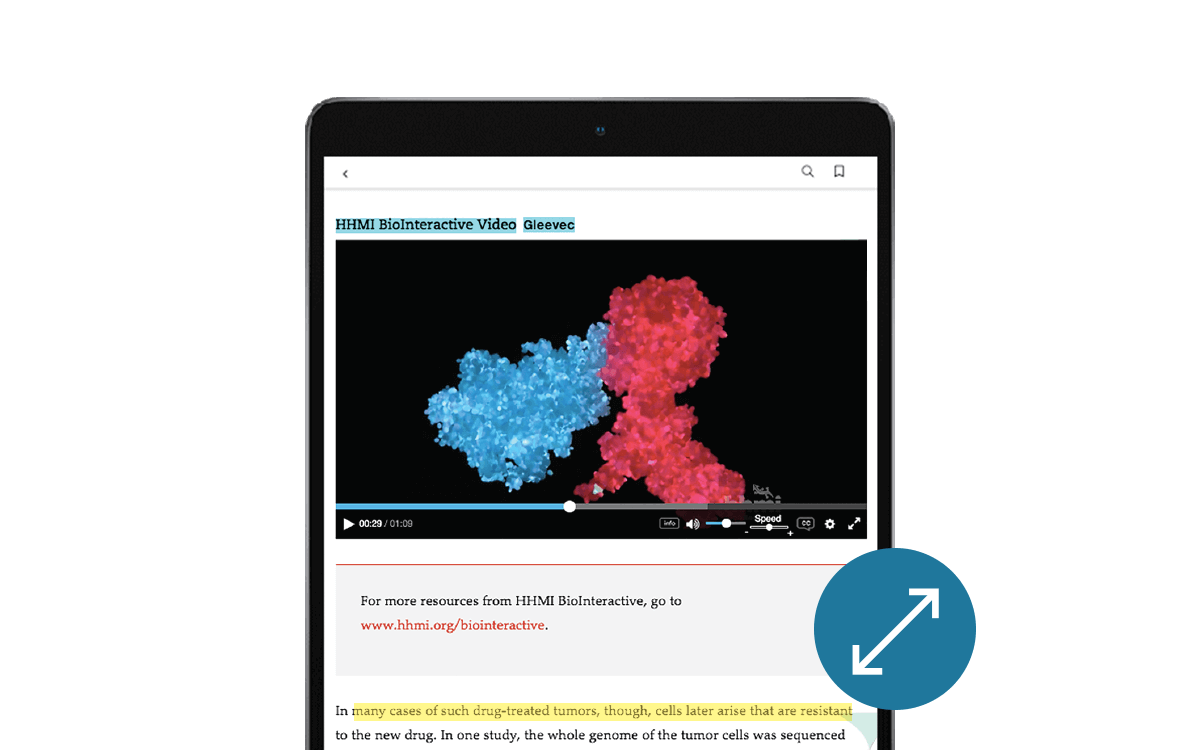 Example of page from eText. Features animation HHMI BioInteractive Video: 20.4 The Practical Applications of DNA-Based Biotechnology Affect Our Lives in Many Ways alongside text.