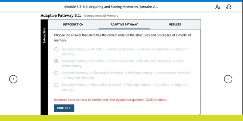 Screenshot of Revel Adaptive Pathways example. The topic is Adaptive Pathway 6.1: Components of Memory and an answer has been chosen and marked incorrect.
