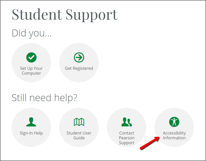 Screenshot of Student Support page with arrow pointing to Accessibility information link
